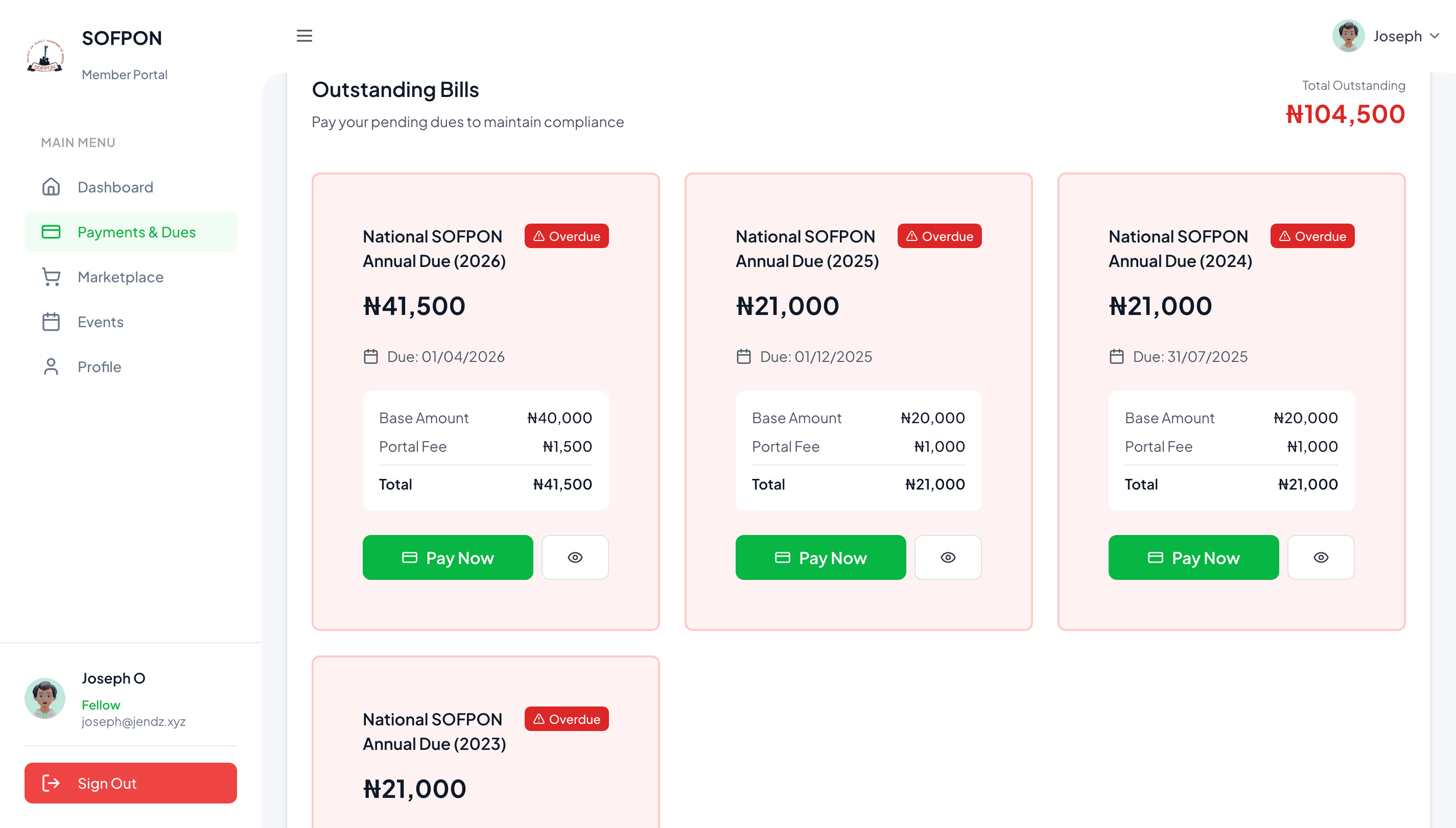 SOFPON Member Portal product screenshot